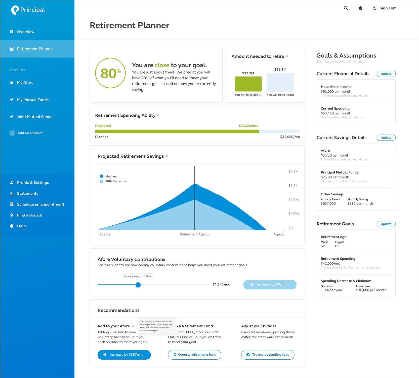 Principal UI, showing a retirement planner screen with goals in progress.
