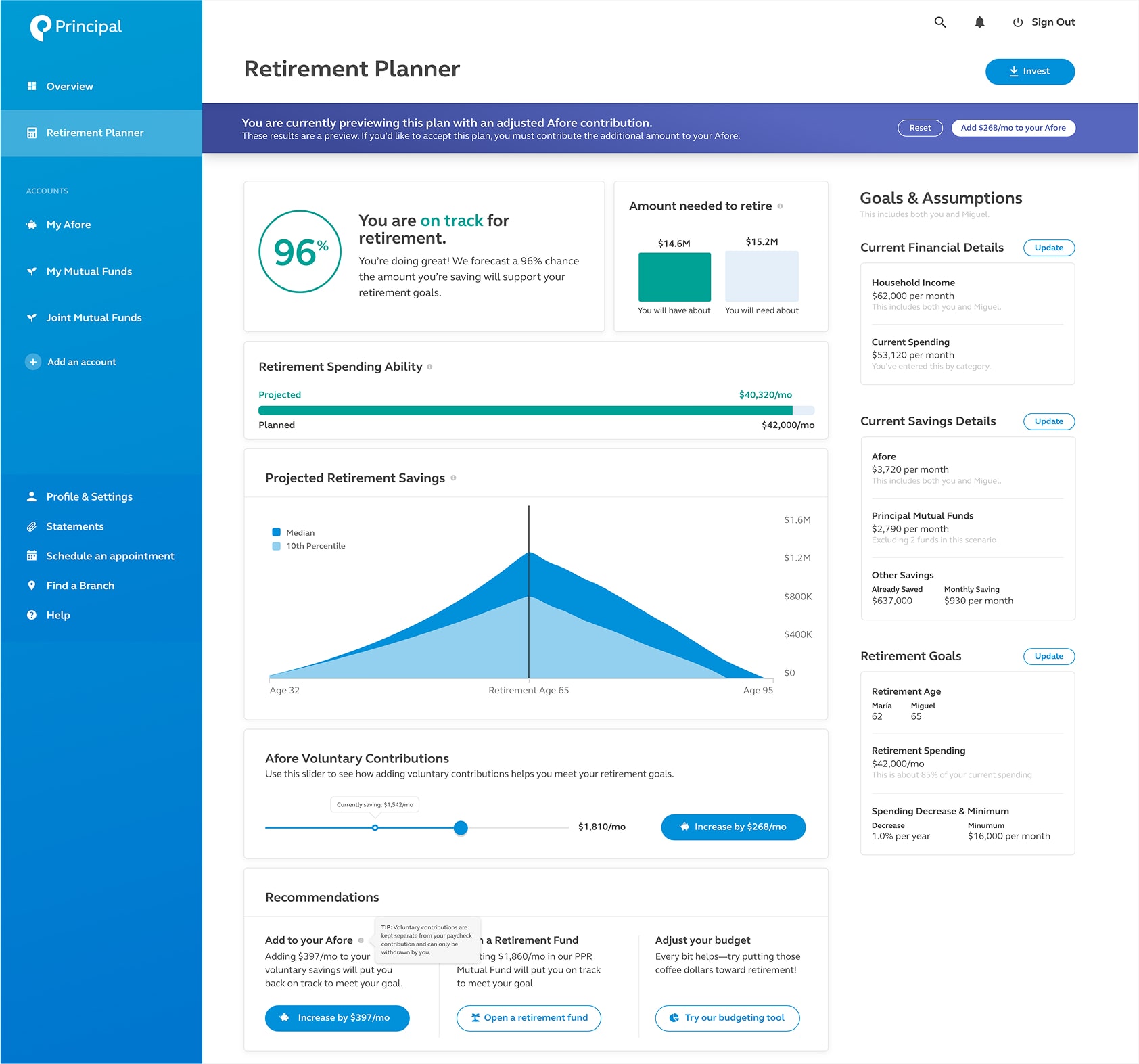Principal UI, showing a retirement planner screen with on track status.